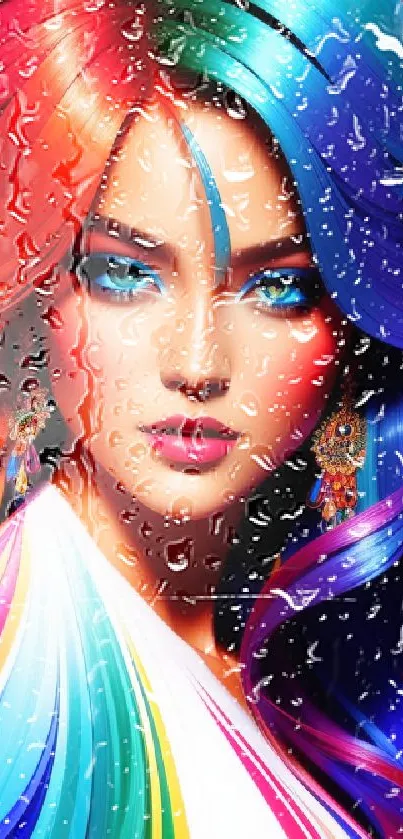 Artistic woman with vibrant rainbow hair.