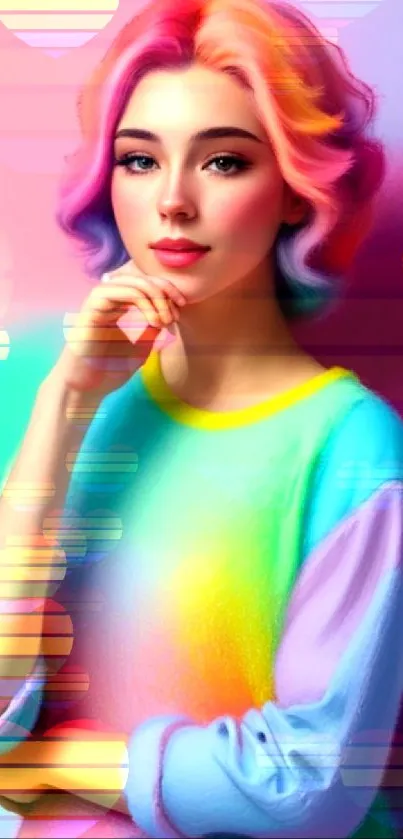 Vibrant rainbow mobile wallpaper with a stylish digital art character