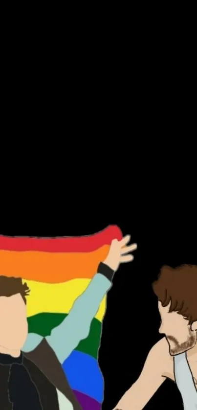 Illustration of two figures with rainbow flags on a black background.