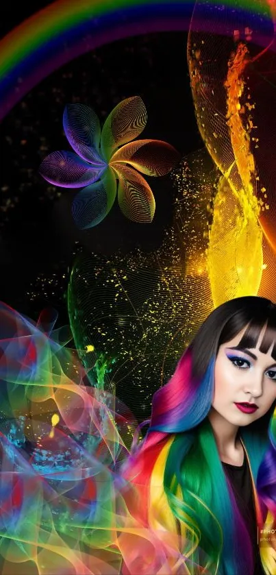 Vibrant rainbow-themed wallpaper with artistic elements and colorful design.