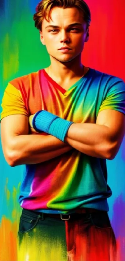 Person in rainbow shirt on vibrant colorful background.