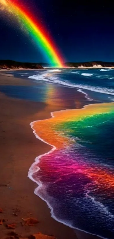 Vibrant rainbow reflecting on a beach at night.