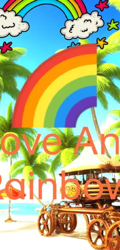 Vibrant mobile wallpaper with rainbow and palm trees on a sunny beach.