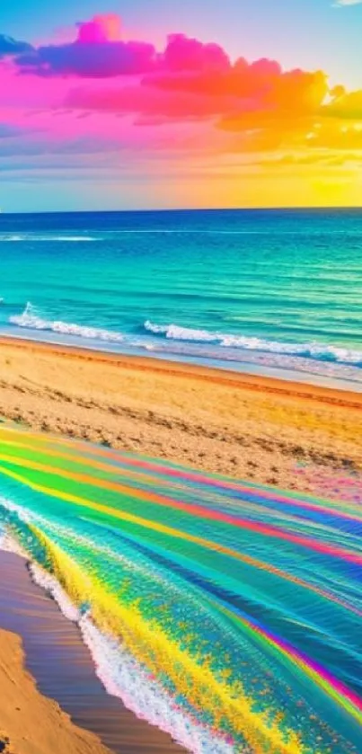 Vibrant rainbow-colored beach during sunset with ocean waves.