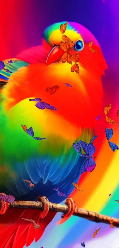 Vibrant rainbow bird art wallpaper with colorful abstract background.