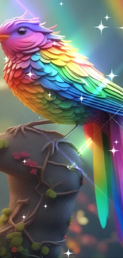 A vibrant rainbow-colored bird on a branch with a fantasy backdrop.