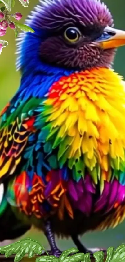 A vibrant rainbow bird with colorful feathers in nature setting.