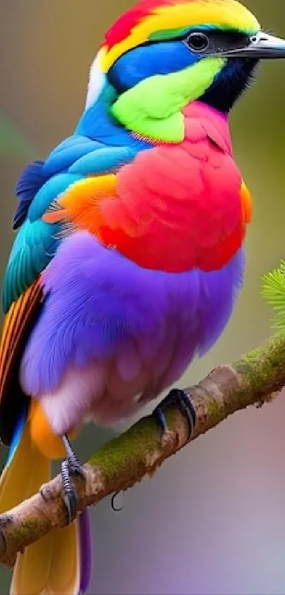 Vibrant rainbow-colored bird perched on a branch.