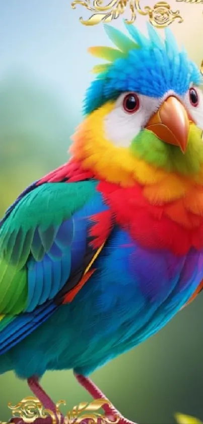 Colorful rainbow bird with golden border on a vibrant nature background.