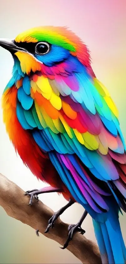Colorful rainbow bird with vibrant plumage on a branch.