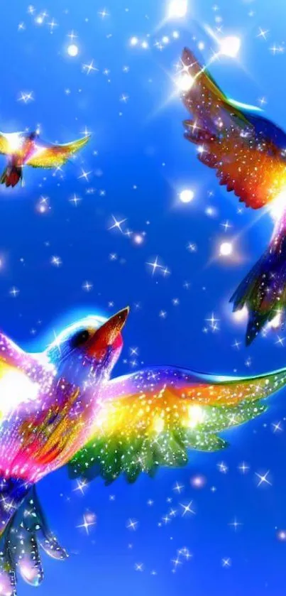 Vibrant rainbow birds in a sparkling blue sky wallpaper.