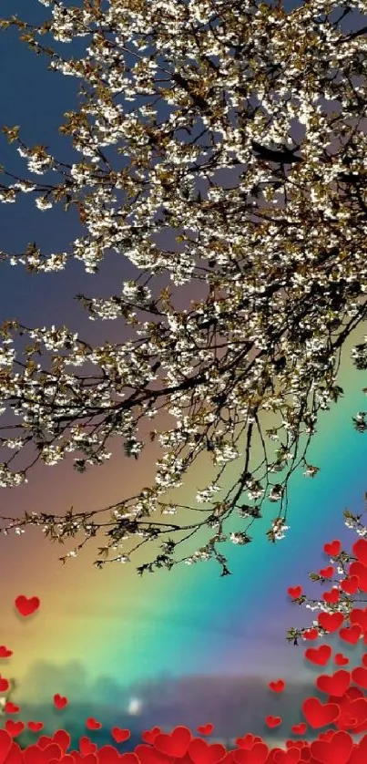 A vibrant rainbow arcs over blossoming trees with red hearts in a scenic wallpaper.
