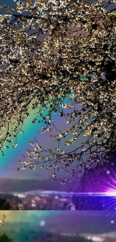 Vibrant wallpaper with rainbow, blossoms, and purple flares.