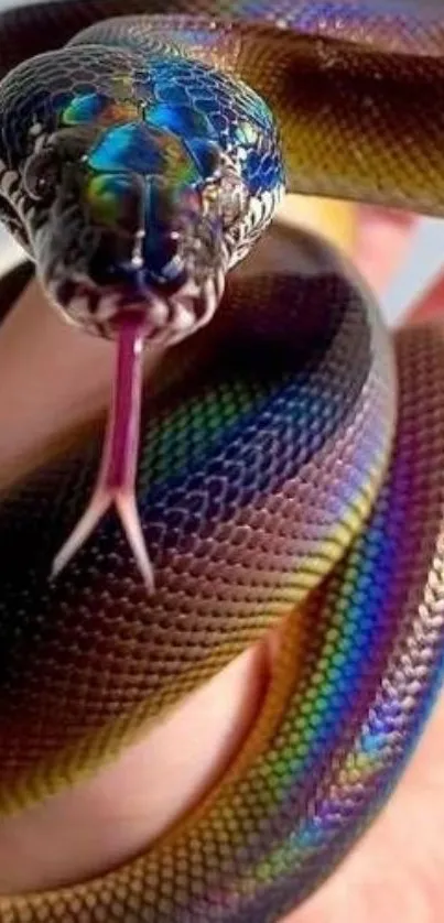 Close-up of a vibrant rainbow boa snake with iridescent scales.