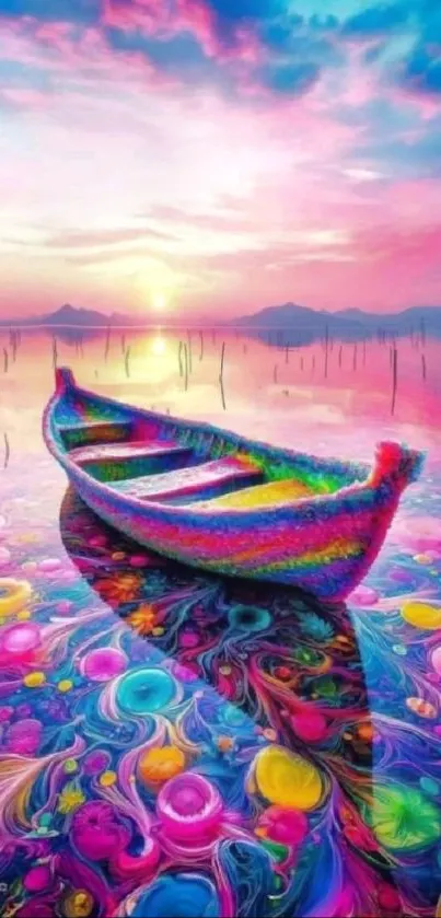 Colorful boat on psychedelic waters at sunset.