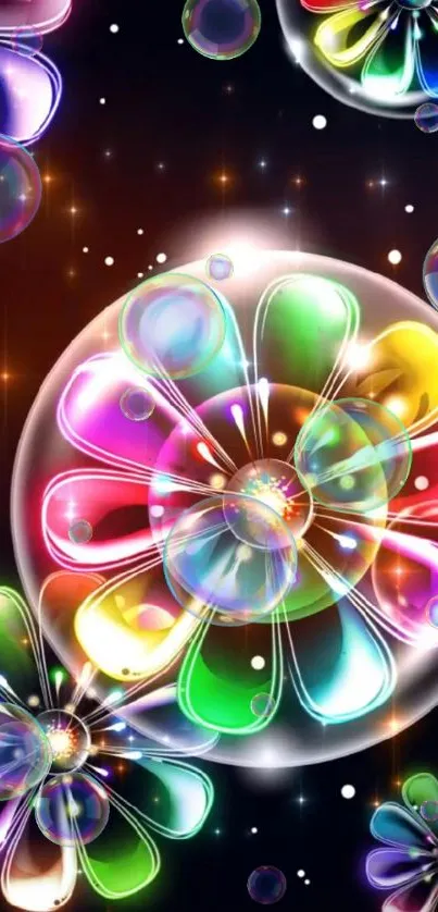 Vibrant rainbow bubble flowers on a cosmic background.