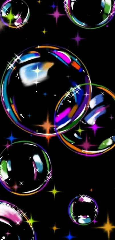 Vibrant rainbow bubbles on a black background wallpaper for mobile.