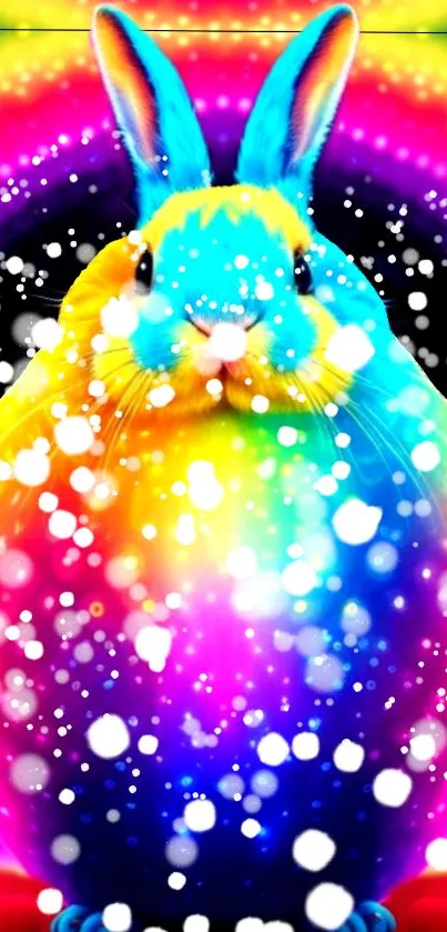 A vibrant rainbow bunny mobile wallpaper with sparkles and vivid colors.