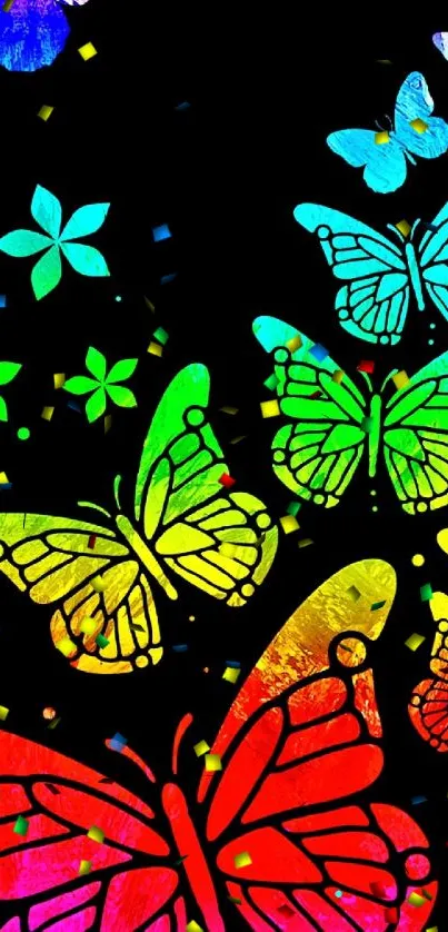 Colorful rainbow butterflies on a black background, perfect for mobile screen.