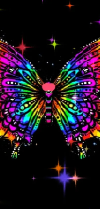 Colorful rainbow butterfly on black background wallpaper.