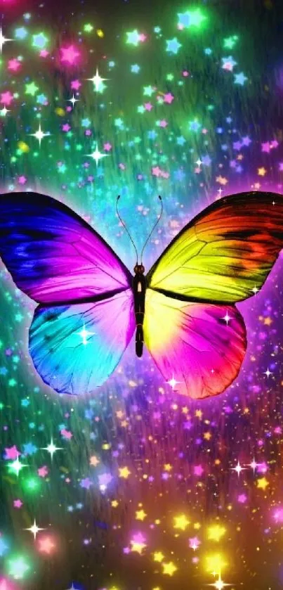 Colorful butterfly with radiant stars.