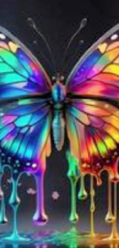 Colorful rainbow butterfly with vibrant dripping wings design.