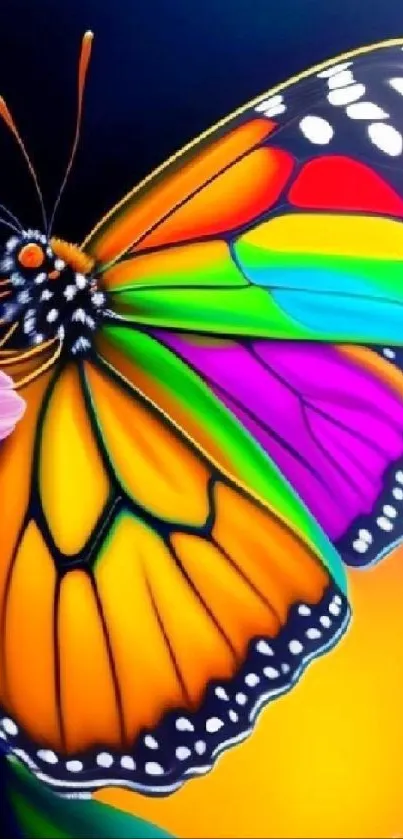 Vibrant rainbow butterfly perched on a flower in artistic mobile wallpaper.