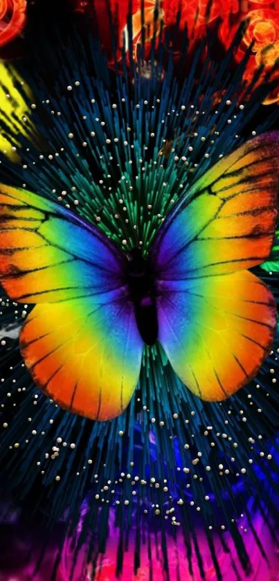 Vibrant butterfly with rainbow colors on abstract background.