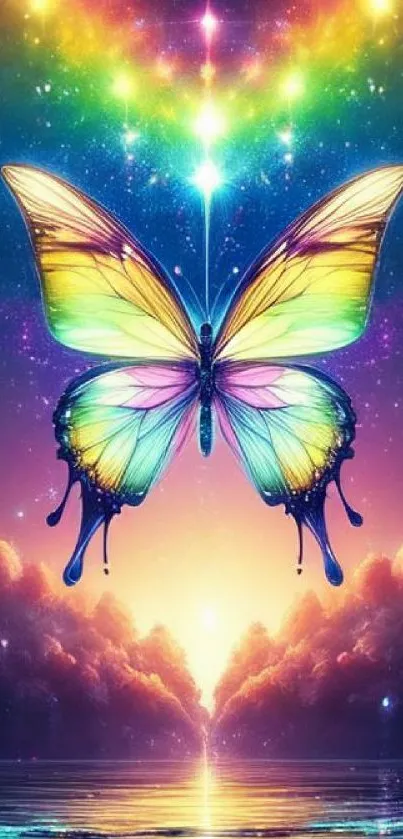 Vibrant rainbow butterfly with a colorful sky background.