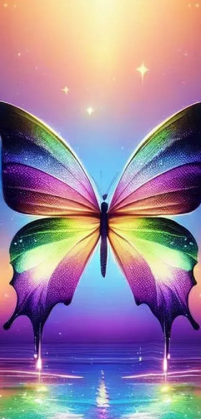 A vibrant, multicolored butterfly with glowing wings set against a fantasy backdrop.