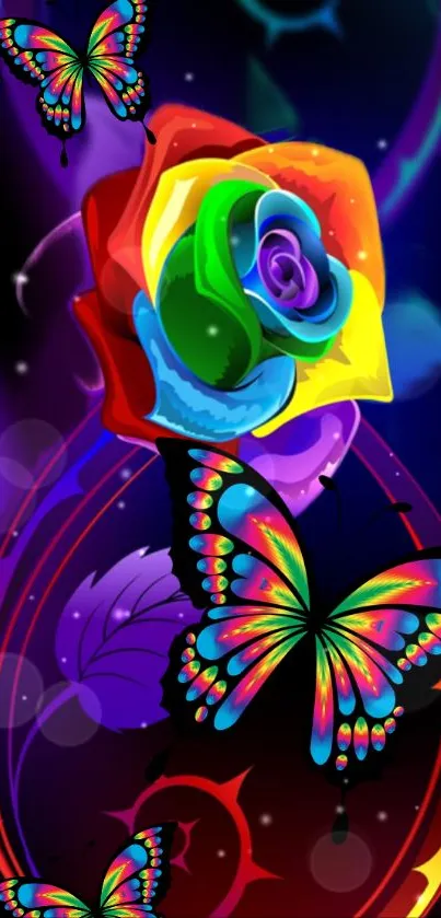 Vibrant rainbow butterfly and rose wallpaper.