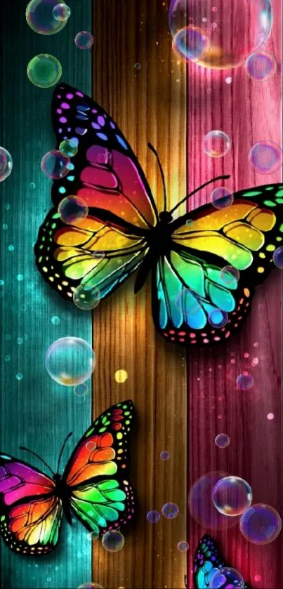 Vibrant rainbow butterflies on wooden background.