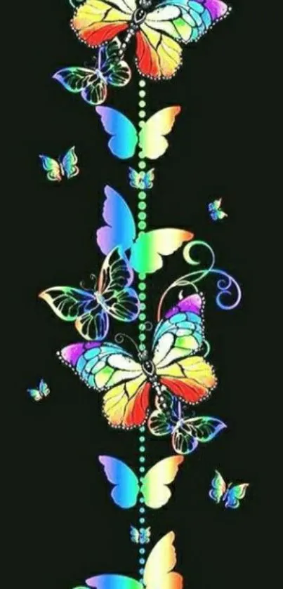 Rainbow butterflies on a dark background, mobile wallpaper.