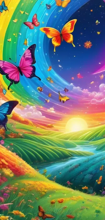 A colorful fantasy scene with butterflies and a rainbow sky.