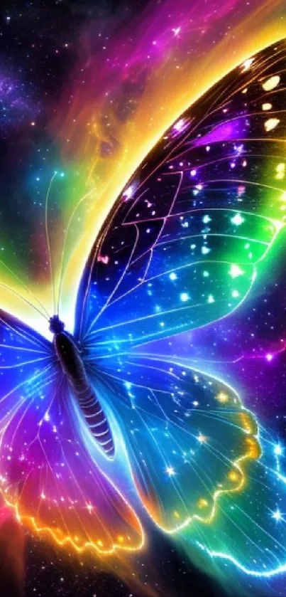 Bright rainbow butterfly floating in a colorful galaxy backdrop.