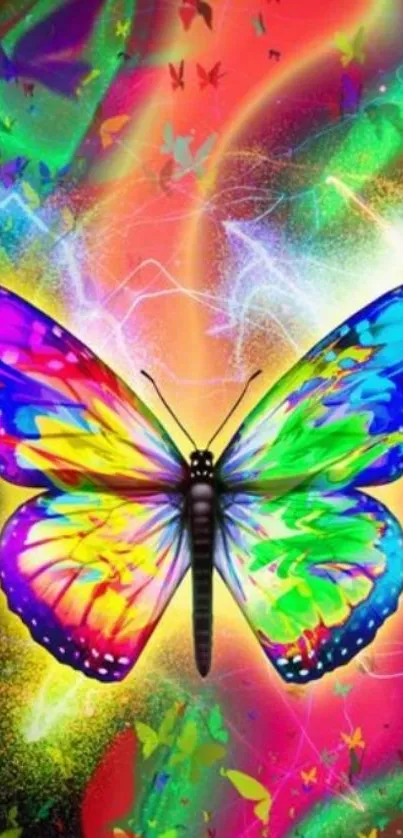 Vibrant rainbow butterfly with colorful background.