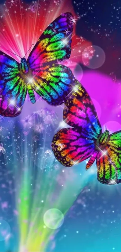 Vibrant rainbow butterflies against a starry night sky.