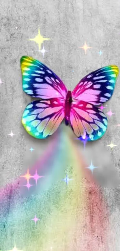 Rainbow butterfly and stars over gray background.