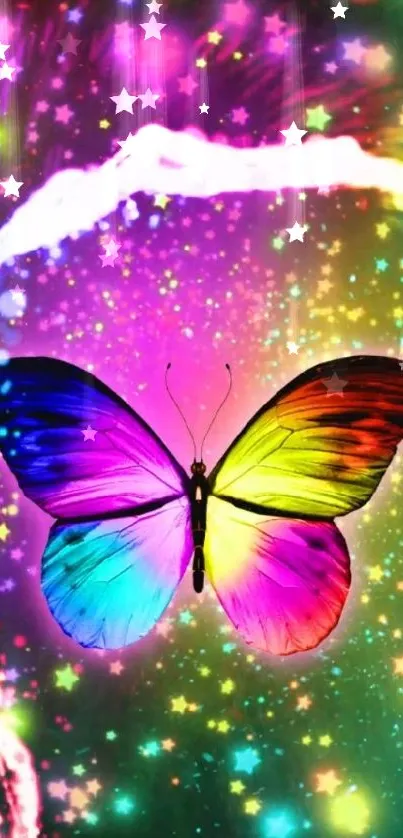 Rainbow butterfly with starry background