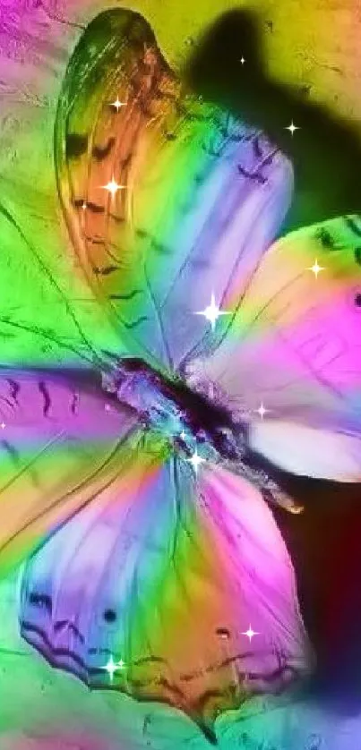 Vibrant rainbow butterfly on a colorful background.