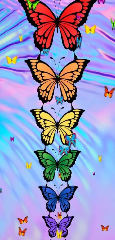 Colorful rainbow butterflies on pastel purple background wallpaper.