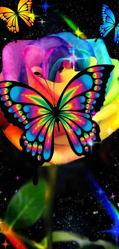 Vibrant rainbow butterfly with cosmic background on mobile wallpaper.