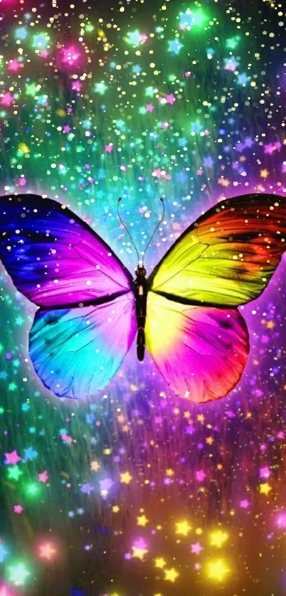 Vibrant butterfly with rainbow colors surrounded by colorful stars on a phone wallpaper.