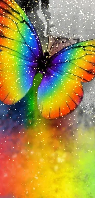 Vibrant rainbow butterfly with a colorful gradient on a mobile wallpaper.