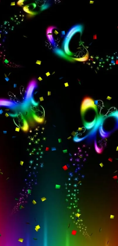 Vibrant neon butterflies with rainbow hues on a black background.