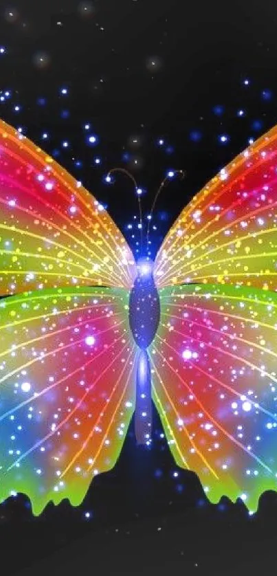 Colorful rainbow butterfly with sparkles on black background.