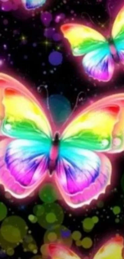 Colorful rainbow butterflies on dark background wallpaper.