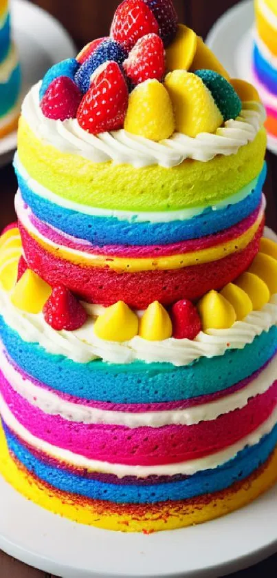 Colorful rainbow cake with fruit topping