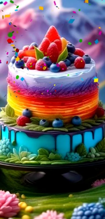 Vibrant cake art with rainbow colors on a scenic backdrop.