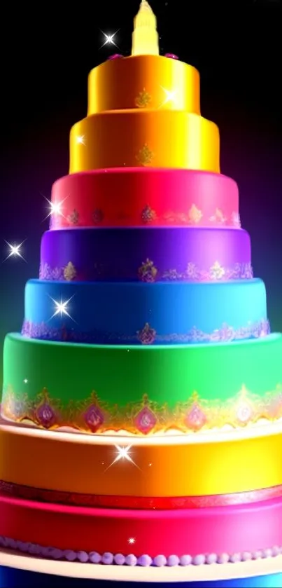 Rainbow tiered cake with sparkles on yellow background.